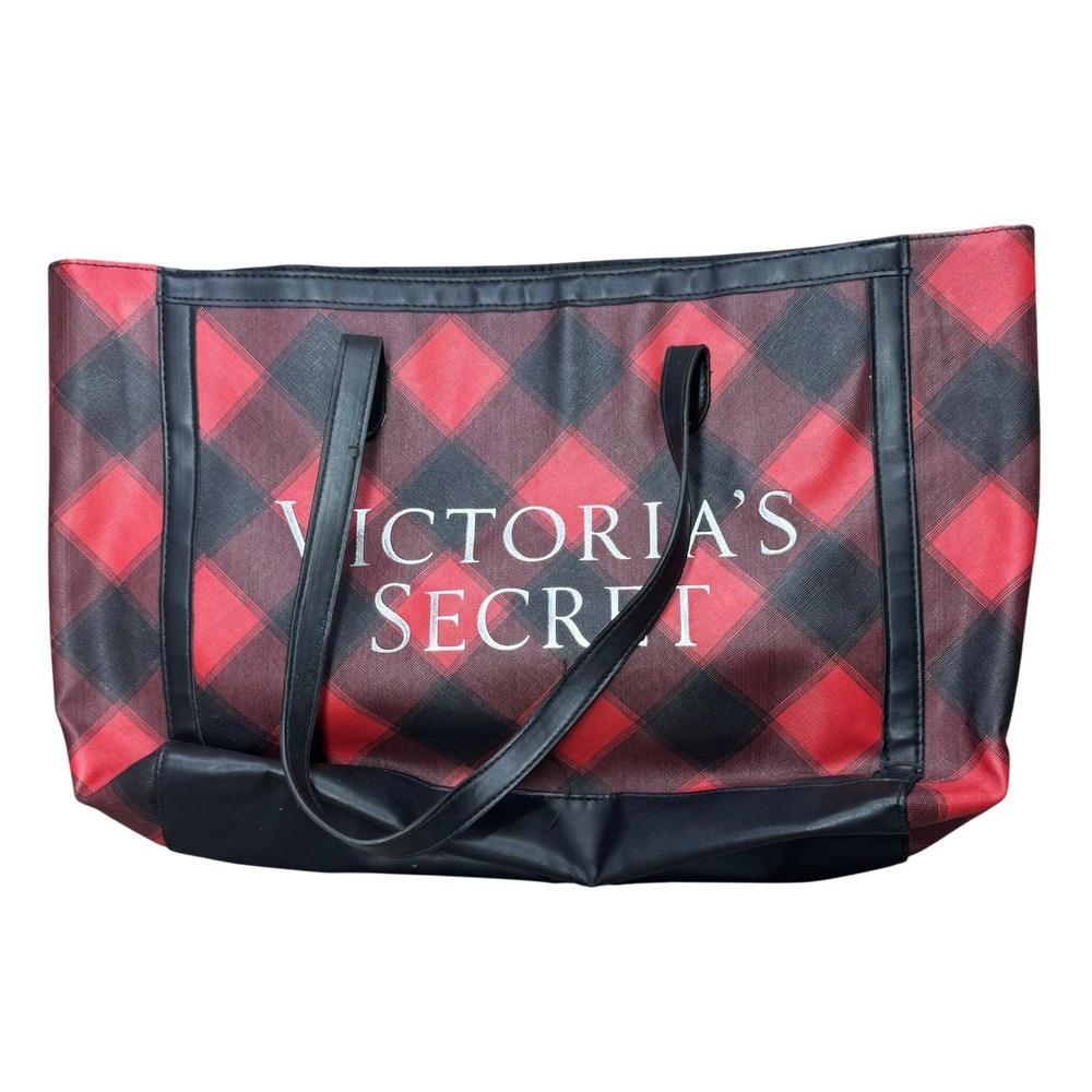 Victorias Secret Tote Bag Womens XL Red Black Buffalo Plaid Weekender Travel